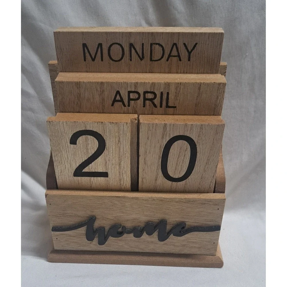 Wood Perpetual Block Calendar Farmhouse Desk Decor Home Rustic